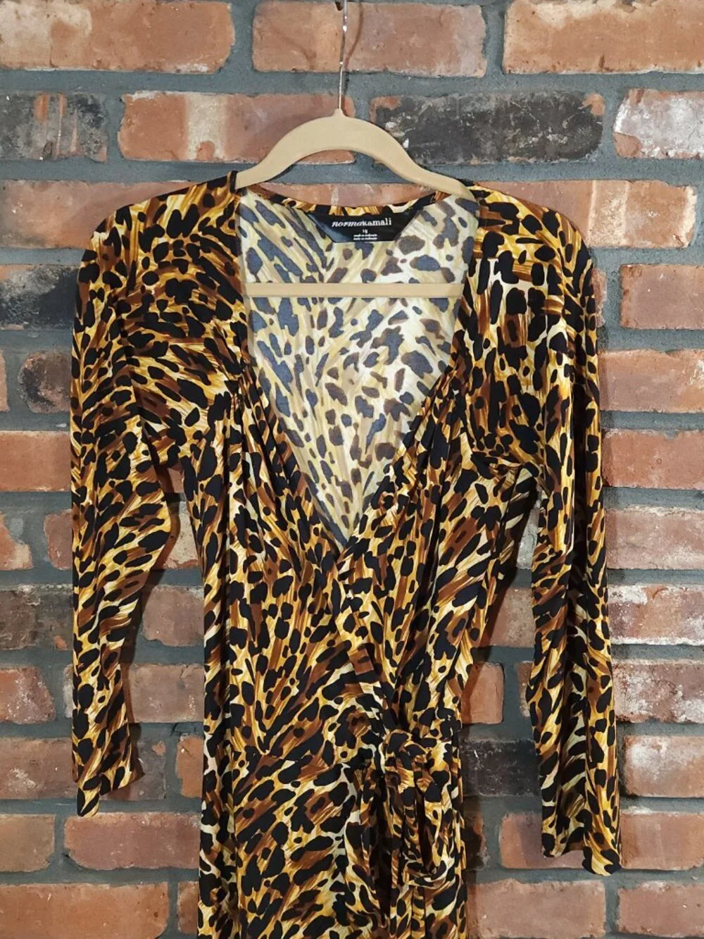 Norma Kamali Slinky Knit Leopard Print Sweetheart Wrap Dress Mobwife Women's L